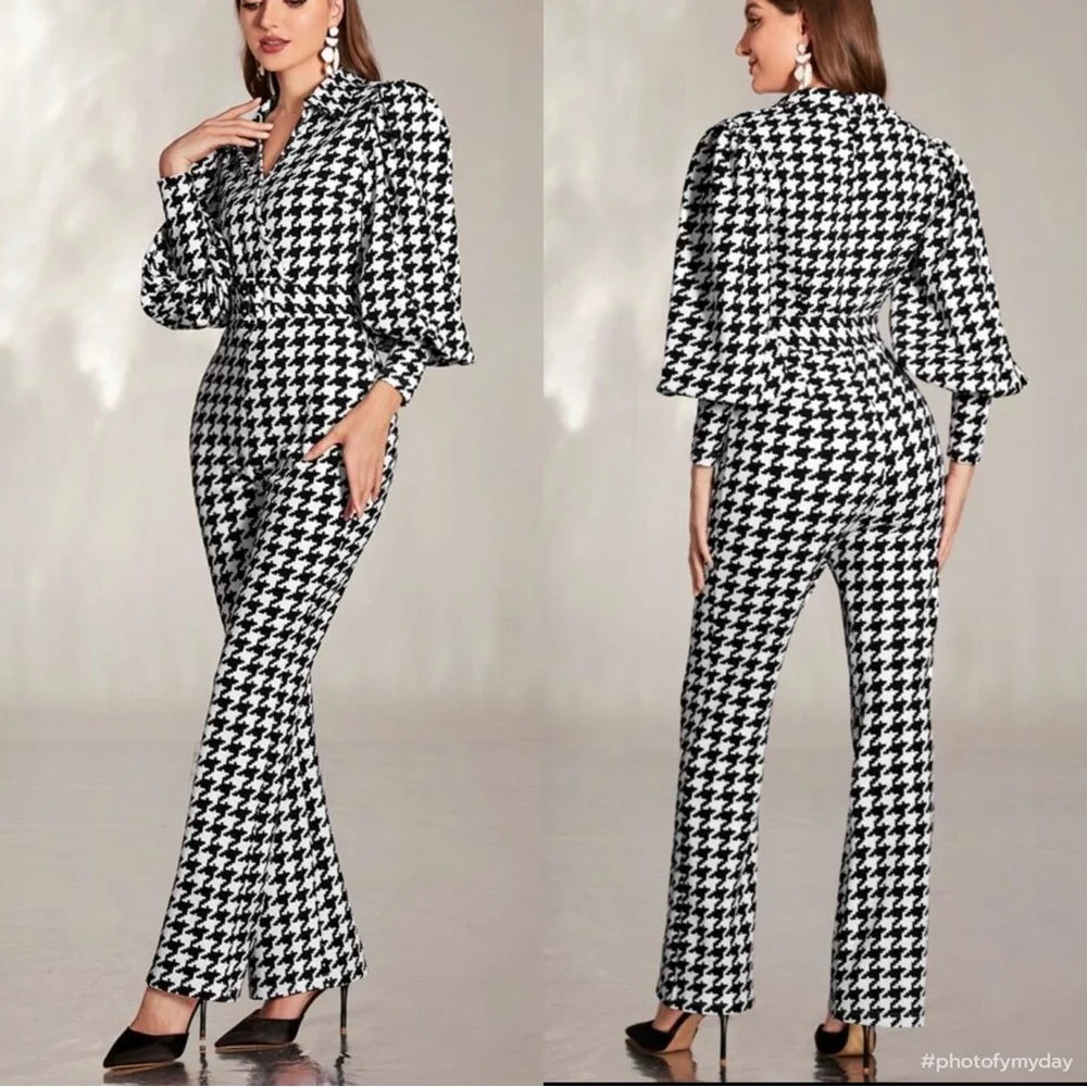 Classic Houndstooth Puffed Cuffed Long Sleeve Collar Belted Jumpsuit Flare Pants - Picture 1 of 6